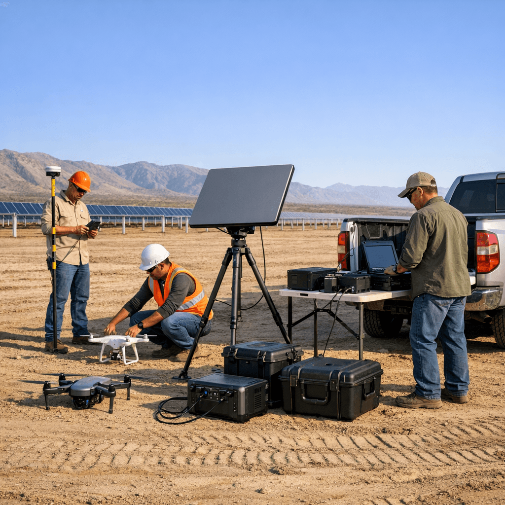Construction crew using portable internet and mesh equipment at a remote field site