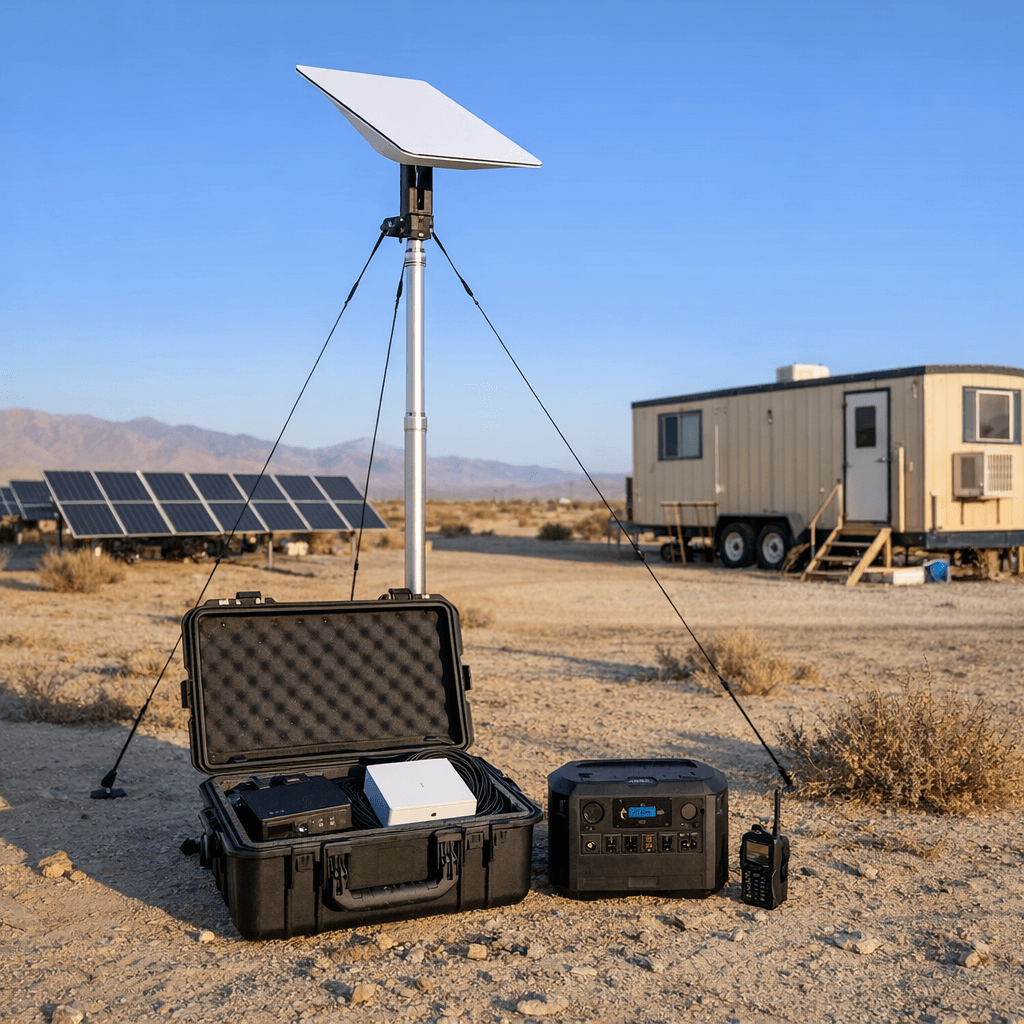 FieldSetup jobsite internet and generator power deployment with Starlink satellite dish, mesh access points, and field networking equipment at a construction site