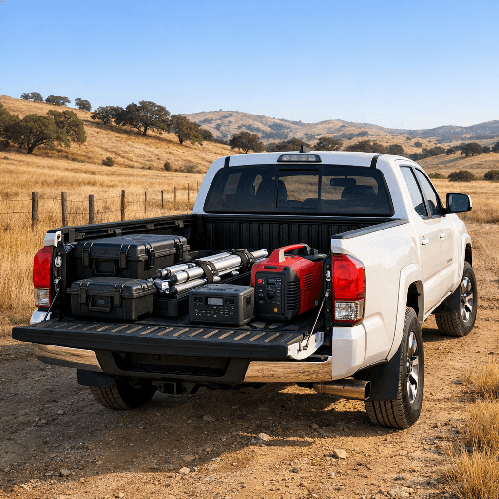 Truck hauling remote internet and power equipment for a field deployment
